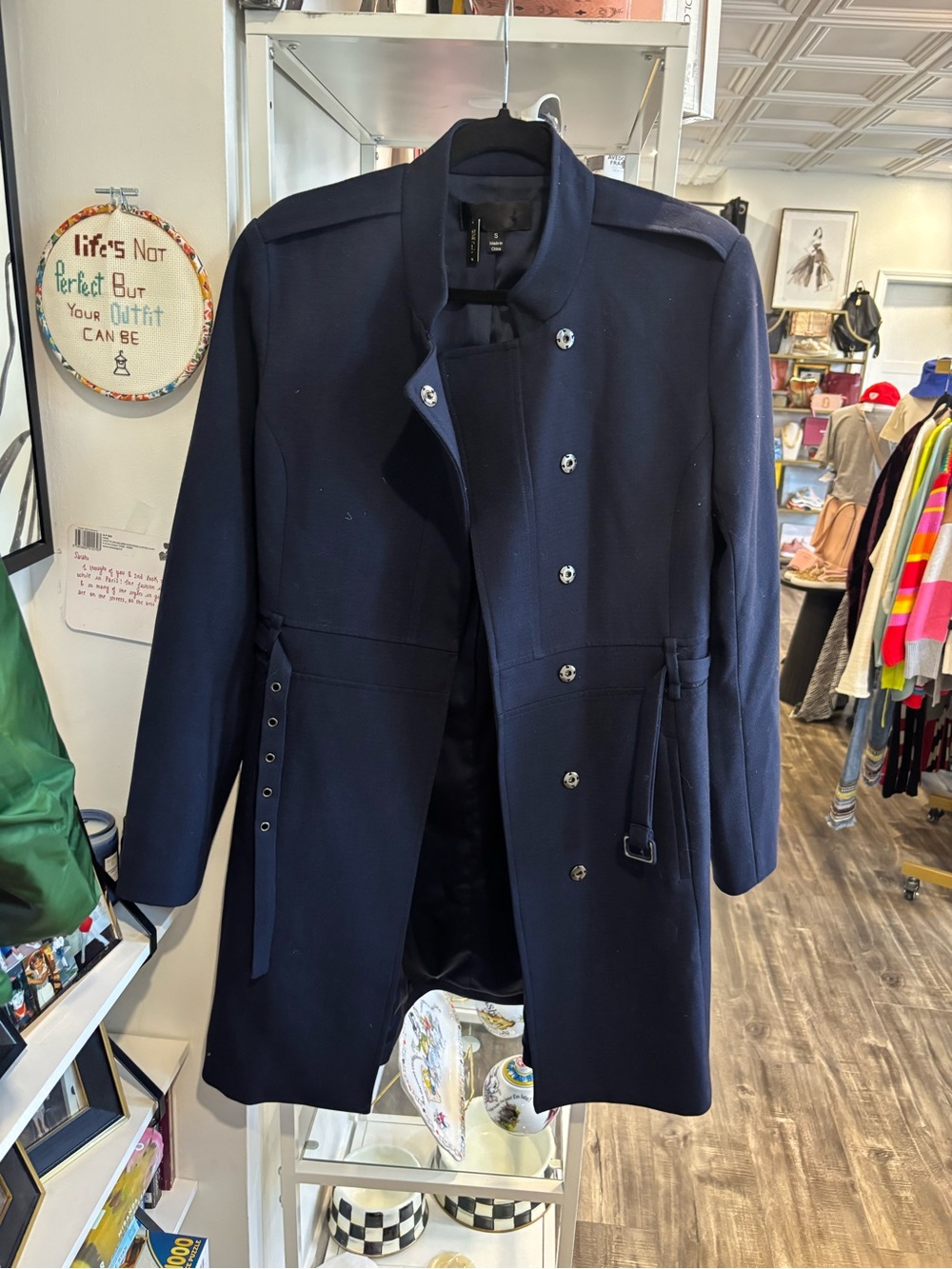 Greylin Navy Blue Trench Coat with Button Front and belt